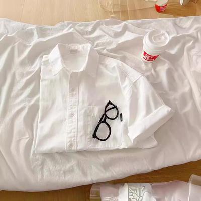 Женская свободная белая хлопковая рубашка с коротким рукавом в японском стиле - Весна/Лето/Осень