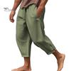 Men Cropped Pants Drawstring Elastic Waist Solid Color Loose Pockets Split Deep Crotch Soft Breathable Summer Vacation Beach