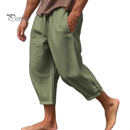 Men Cropped Pants Drawstring Elastic Waist Solid Color Loose Pockets Split Deep Crotch Soft Breathable Summer Vacation Beach
