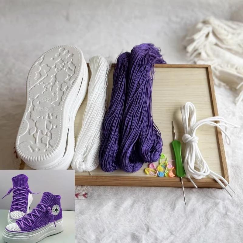 Сплетенные вручную летние крючковые подошвы с противоударными резиновыми подошвами + полые линии, связанные вручную тапочки, короткие ботинки, обувь своими руками, вязаный крючком материал