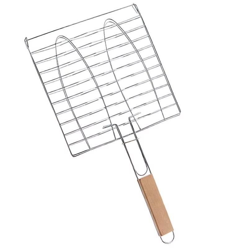 Сетка для гриля из нержавеющей стали с хромированной и деревянной ручкой, решетка для рыбы, мяса, барбекю, зажим, сетка-папка, инструменты для барбекю