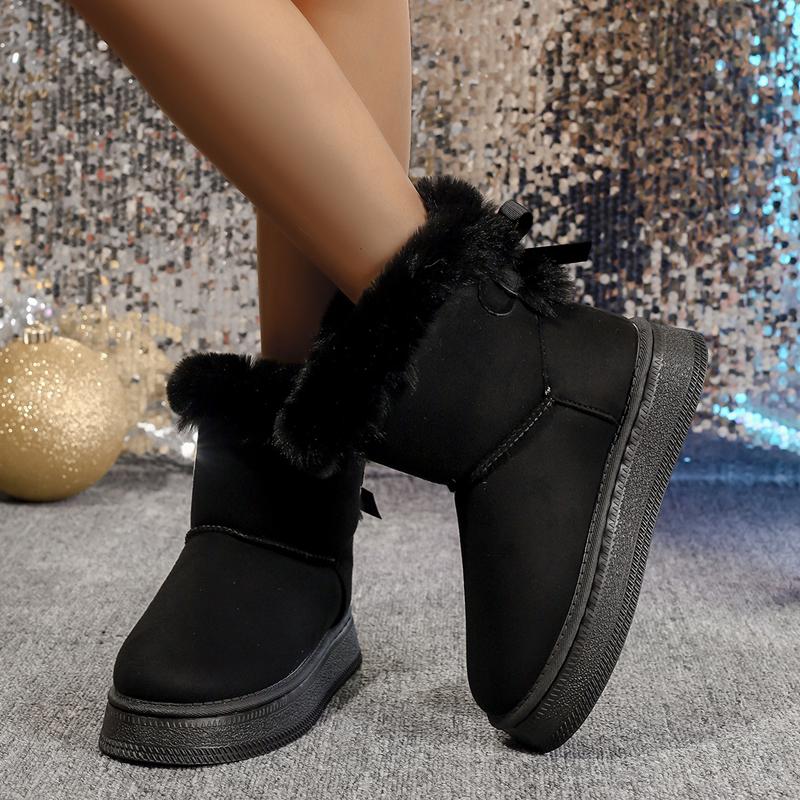 Fashion New Fashionable Bow Round Toe Elegant Snow Boots 2025 Winter Flat Wear-resistant Soft Students Plus Velvet Warm Women's Shoes