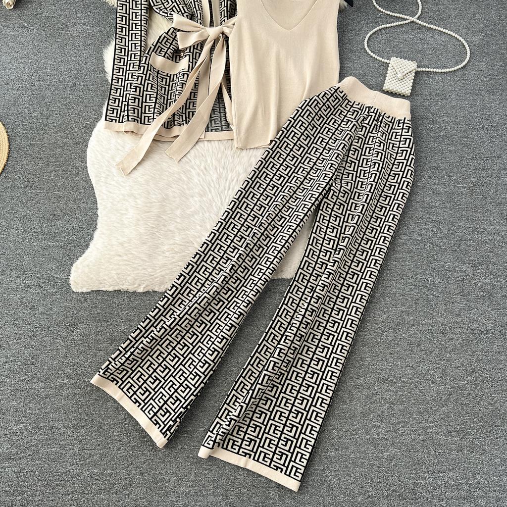 Осень Зима Винтаж Бренд Дизайнерский Принт Вязаный Свитер Брюки Комплект Из 3 Частей Женский Спортивный Костюм Кардиганы С Длинными Рукавами Жилет До щиколотки Брюки Наряды