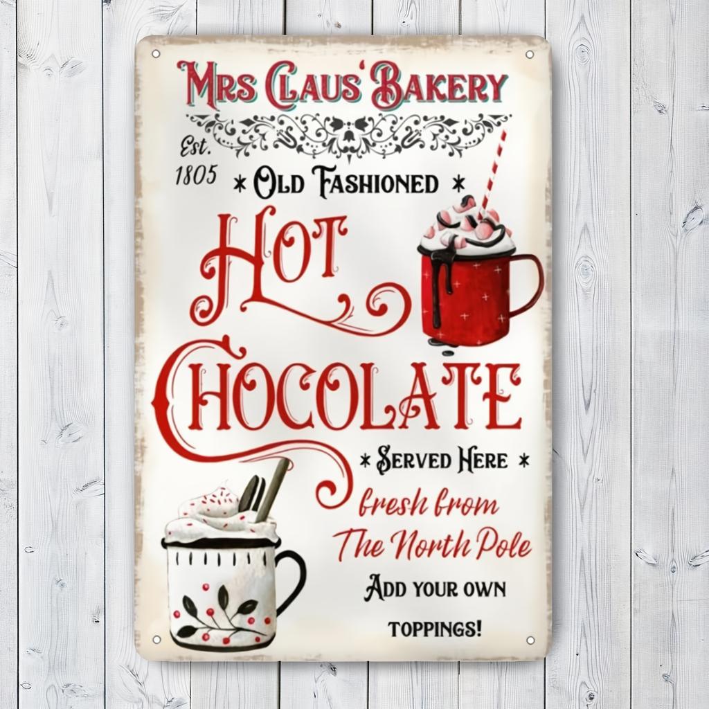 Vintage Mrs Claus B Bakery Sign in Rustic Christmas Hot Chocolate Gingerbread Wall Decor Metal Tin Art with Old Fashion