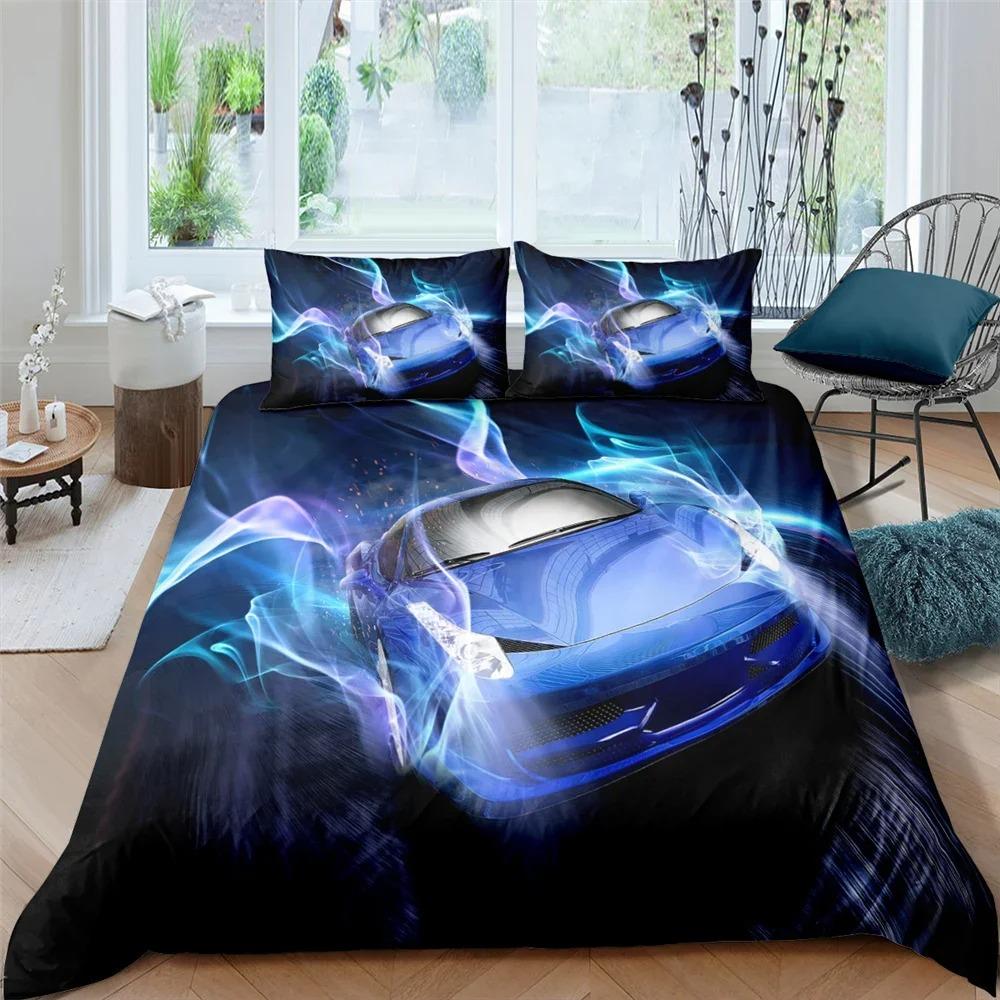 3D Print Racing Car Bedding Set Soft Comforter Cover With 1/2pcs Pillow Shams For Kids Adults Microfiber Racing Car Quilt Cover