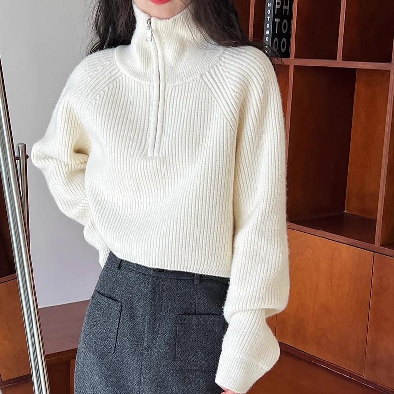Женский вязаный свитер с полувысоким воротником и застежкой-молнией, осенний, с рукавами-фонариками, винтажные свободные свитера, зимние толстые повседневные однотонные теплые джемперы 25404