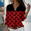 Small Squares Print Women Blouse Spring Autumn Femme Office Lady Button Up Turn Down Collar Shirts