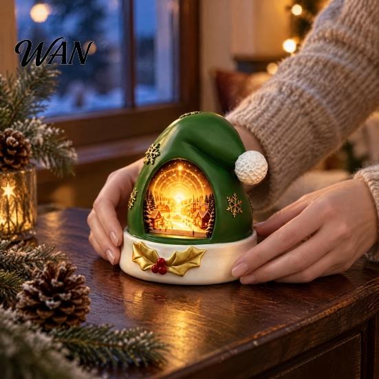 Cute Christmas Desk Accessory Hat Ornament with Light, Resin Festive Holiday Figurine, Lamp Glittering Seasonal Craft for Living Room Window