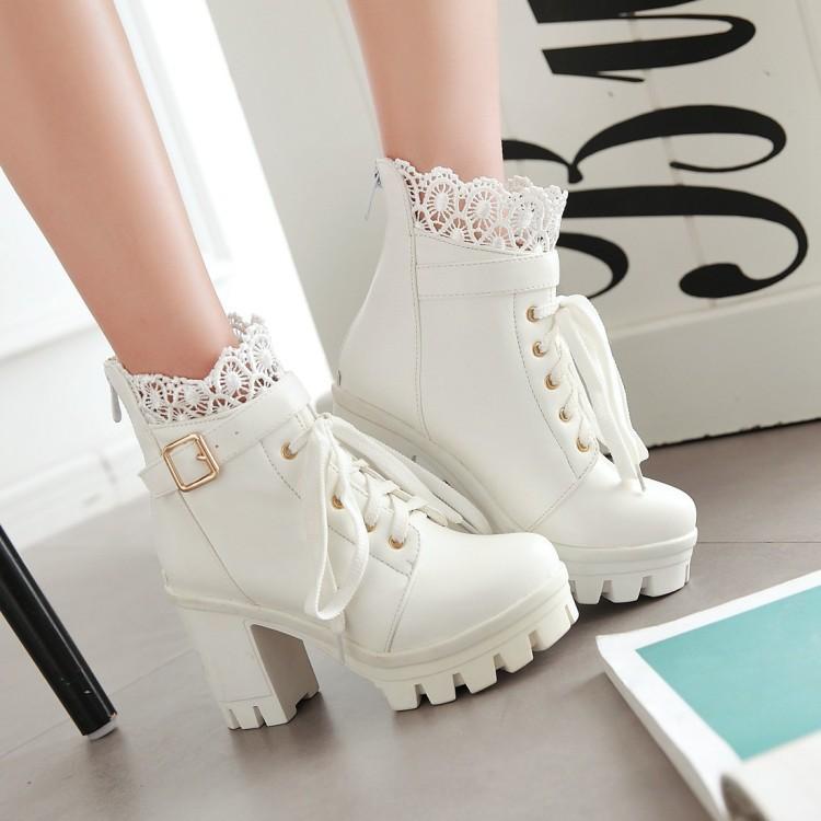 Women's Spring, Autumn and Winter Large Size Thick-heeled Lace-up British Style White High-heeled Short Boots