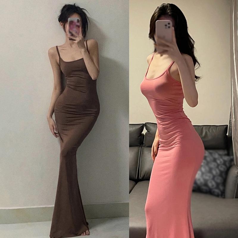 Повседневное универсальное платье с подтяжками на бедрах, сплошное цветное тонкое длинное платье с сумкой на бедрах