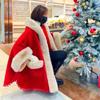 Winter Christmas Big Fur Collar Hooded Knitted Shawl Ladies New Year Red Cape Jacket Cape 0139
