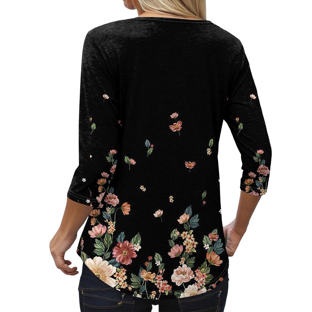 Женская модная свободная футболка с перекрестным V-образным вырезом и семью рукавами, повседневный топ с винтажным цветочным принтом