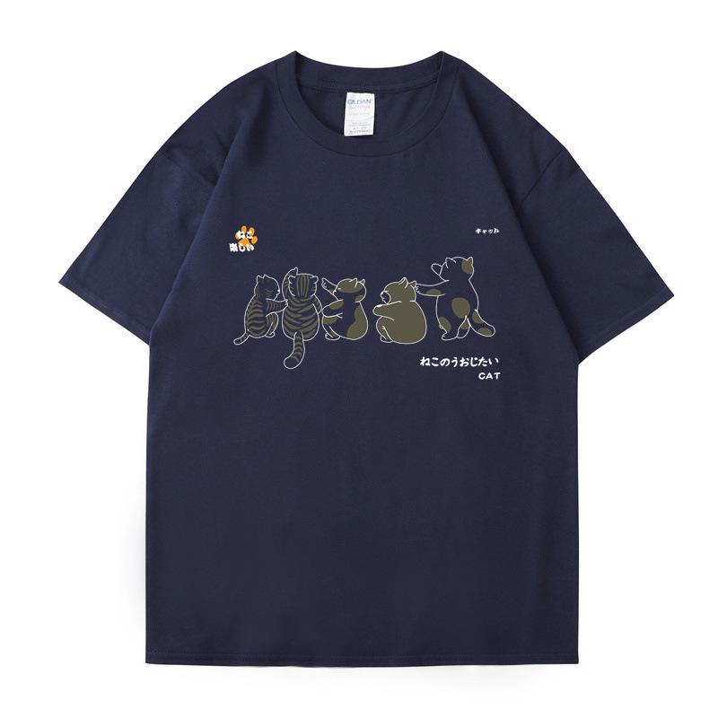 Рубашка с коротким рукавом, мужская, с рисунком кошки, летние, свободные и универсальные, студенческие футболки