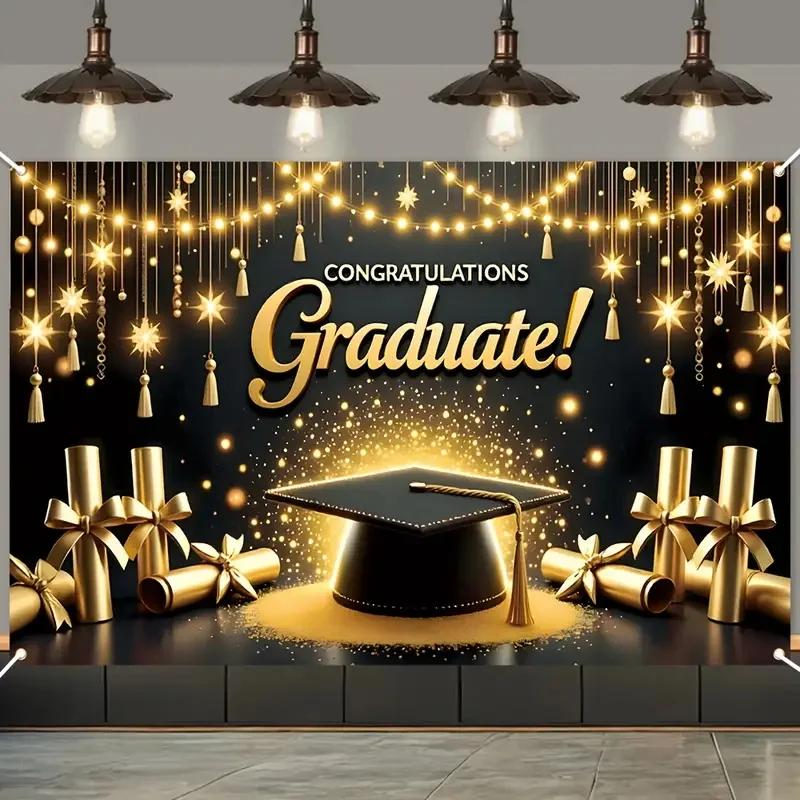2025 Happy Graduation Backdrop Glitter Balloon Bachelor Cap Grad Class of Graduates Party Photography Background Decor Supplies
