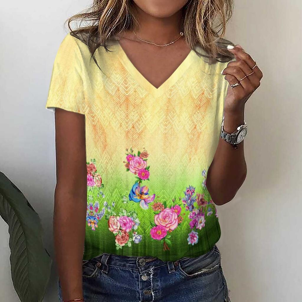 Модная футболка с 3D принтом подсолнечника и цветочным принтом, летние женские футболки с v-образным вырезом в стиле Харадзюку, уличная одежда больших размеров, футболки Y2k, верхняя женская одежда