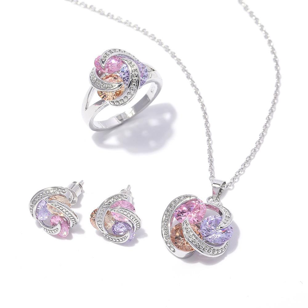 Комплект украшений из розового циркония цвета Ааа, комплект из трех предметов: ожерелье, серьги, кольцо