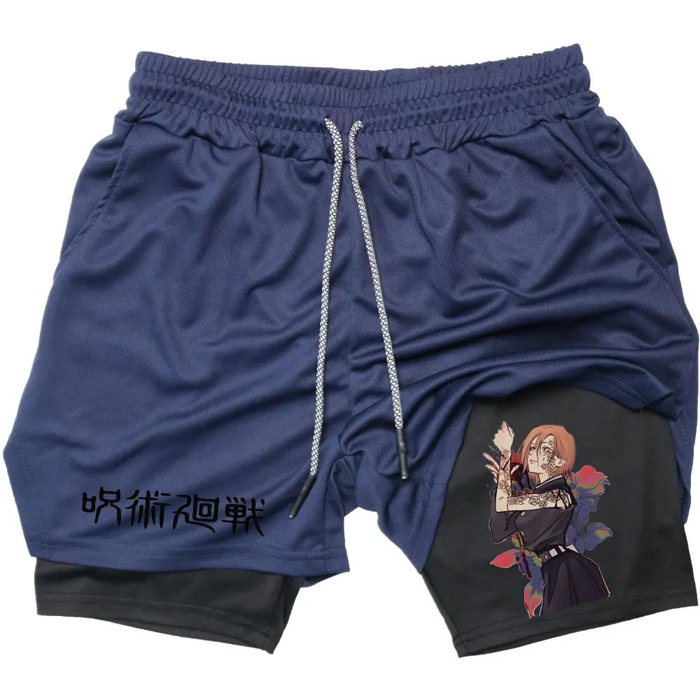 Тренировочные шорты 2 в 1 компрессионные шорты для мужчин тренажерный зал тренировки бег спортивные аниме джиу-джитсу кайсен карманы активная одежда