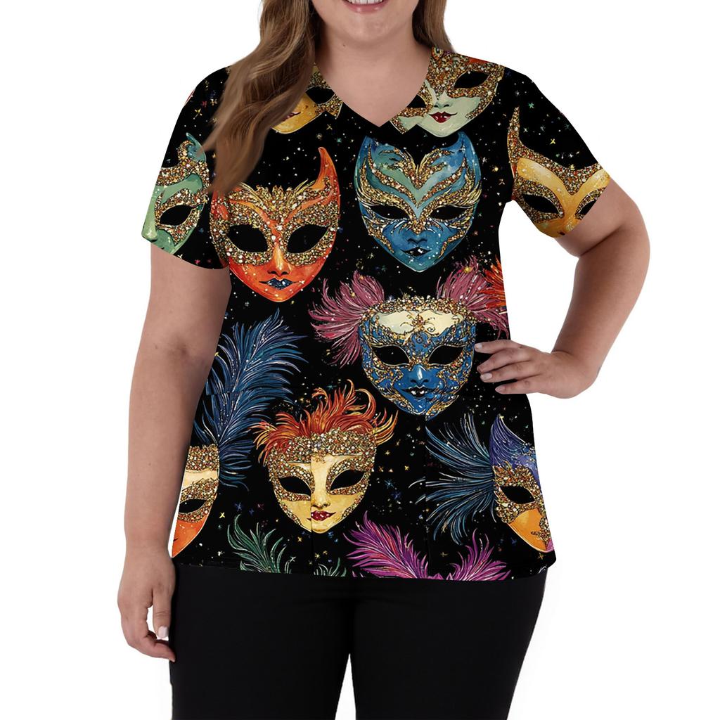 Женская мода V-образный вырез короткий рукав комбинезон с карманами принт топы одежда