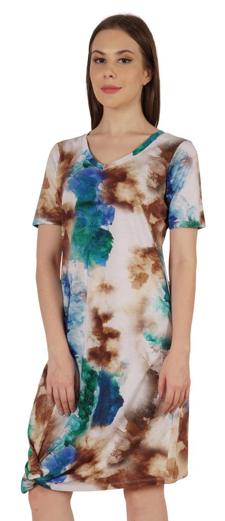 Moomaya Cotton Jersey Printed Midi Dress For Women V-Neck Summer Short Sleeves Knee Length