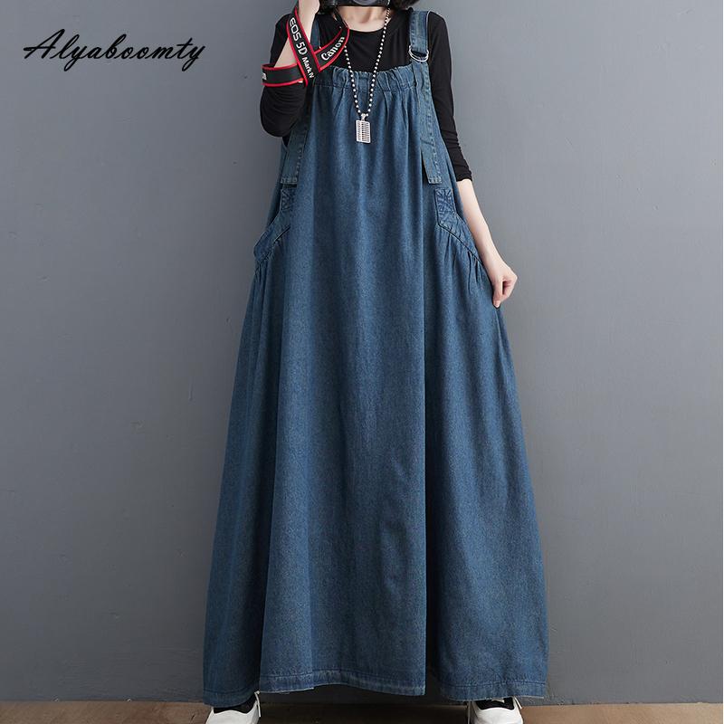 Корейский стиль, весна-осень, женский джинсовый сарафан больших размеров, мешковатое свободное винтажное платье больших размеров с карманами на бретелях