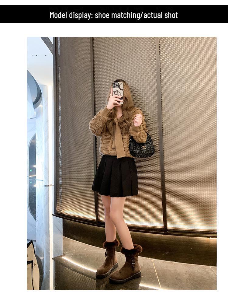 Женские зимние сапоги из замши и меха в стиле ретро 2024 года: Мягкий, нескользящий, короткий, на бархатной подкладке, плотный теплый хлопок.