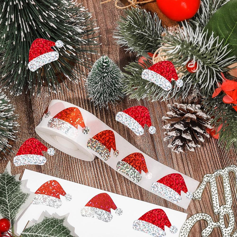 500pcs Xmas Hat Stickers,Festive Xmas Packaging Stickers Roll, For Gift Decor Envelope Sealing Scrapbooking