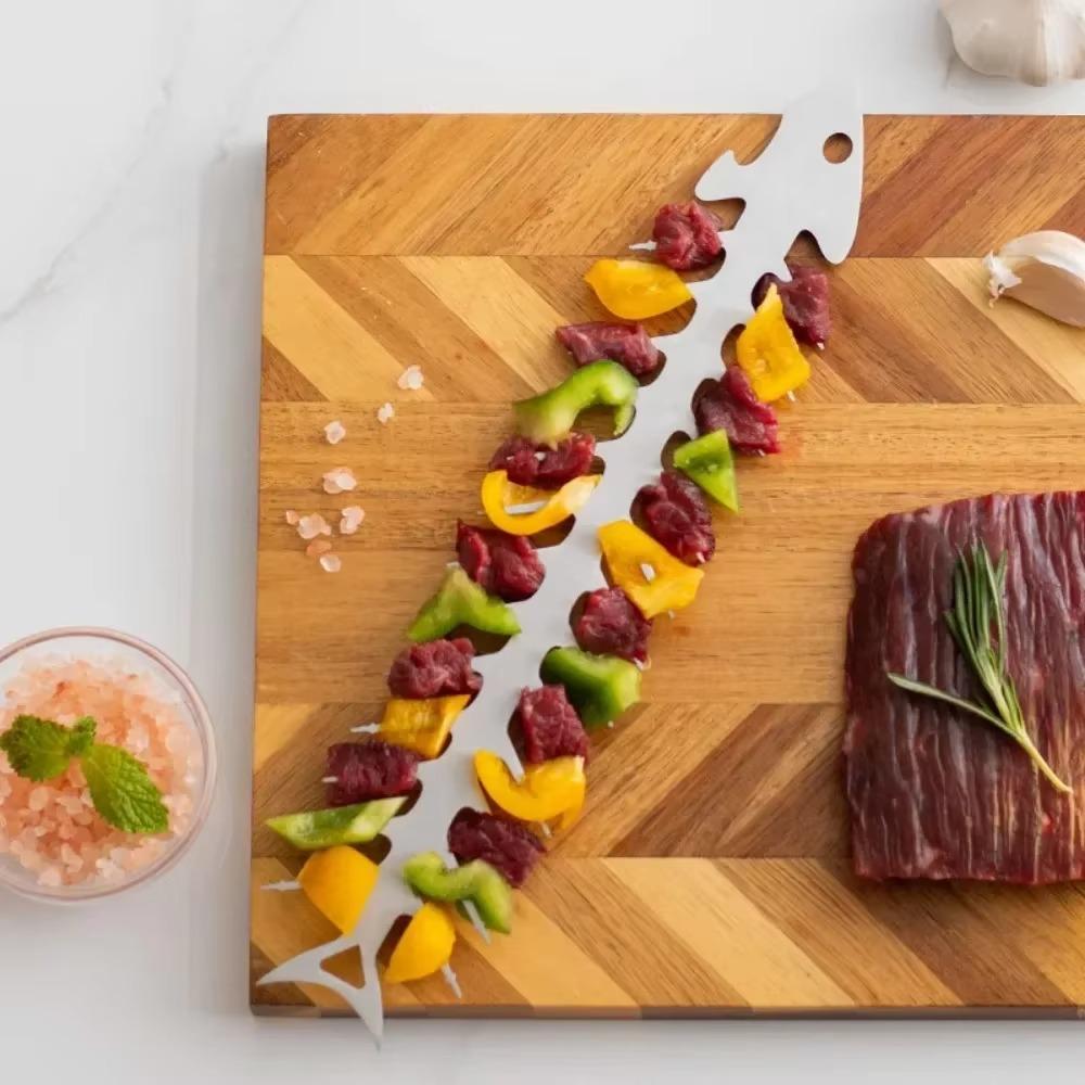 2 шт. Серебряные шампуры в виде рыбьей кости, многоразовые шампуры для барбекю, принадлежности для барбекю, вилка для жарки, кемпинг