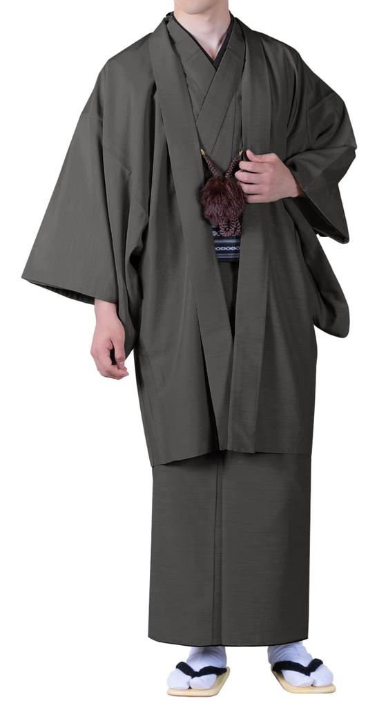 Комплект кимоно цумуги для мужчин [KYOETSU] комплект, стирающийся, ткань, на подкладке, 2 предмета (кимоно на подкладке, хаори) (Л, черный)