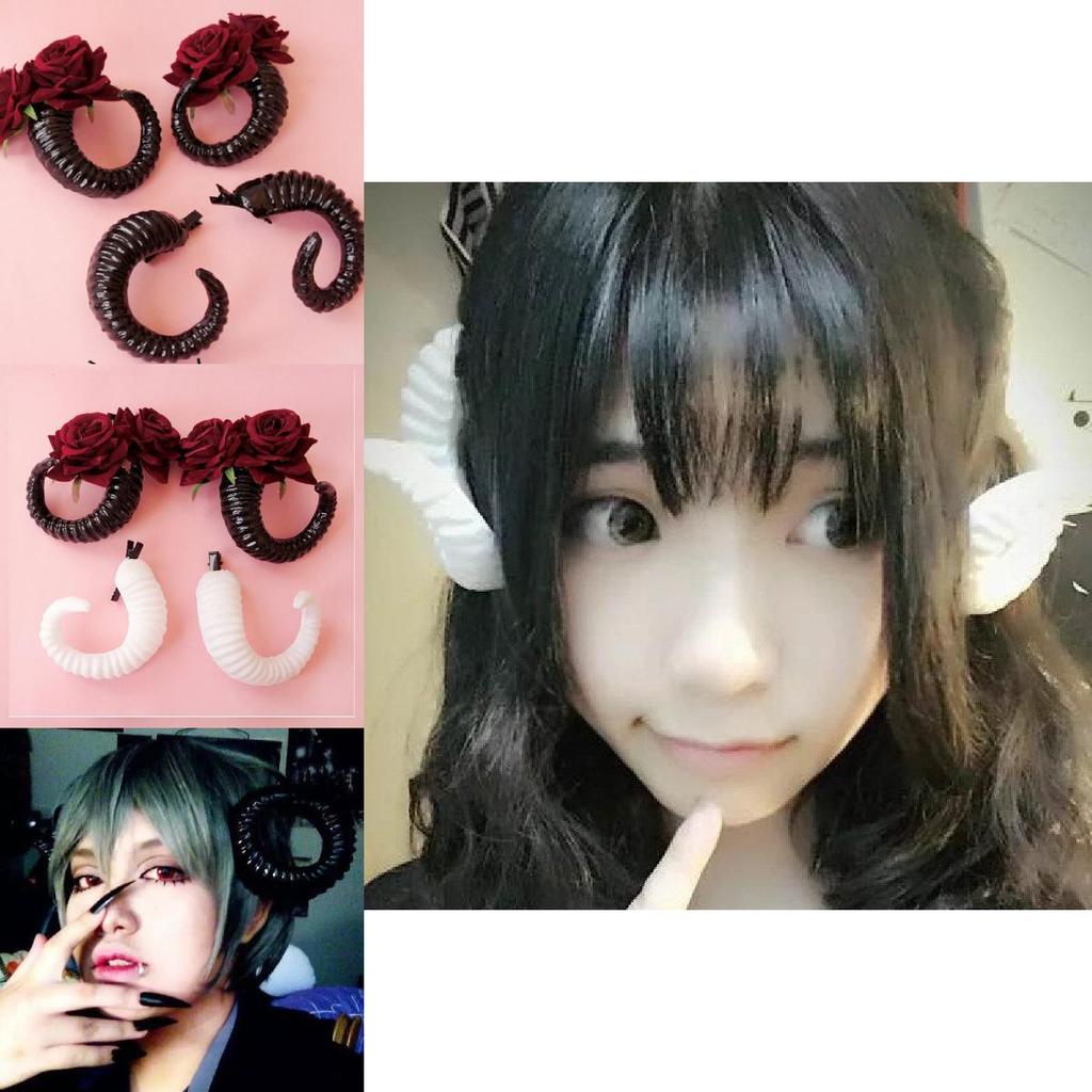 Chic Sheep Horn Hair Clips With Gorgeous White And Black Rose Accents For Fashion Lovers