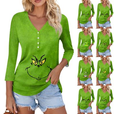 Женский повседневный модный сексуальный удобный топ с V-образным вырезом и принтом на Рождество, с рукавом три четверти на пуговицах