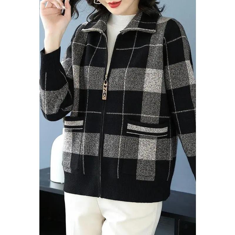Женский вязаный кардиган 2025 года Популярная новая осенне-зимняя универсальная куртка в клетку на молнии в западном стиле