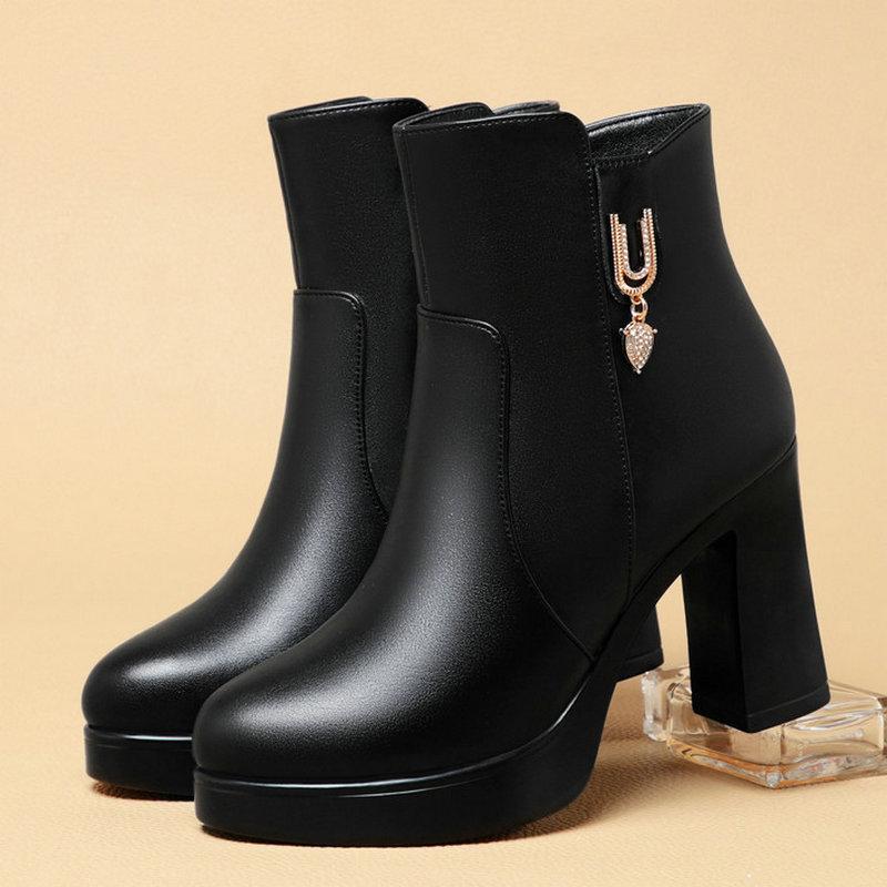 Autumn High Quality Genuine Leather Winter Boots Comfortable Warm Fur Women Ankle Boots High Heel Women's Booties Platform Shoes
