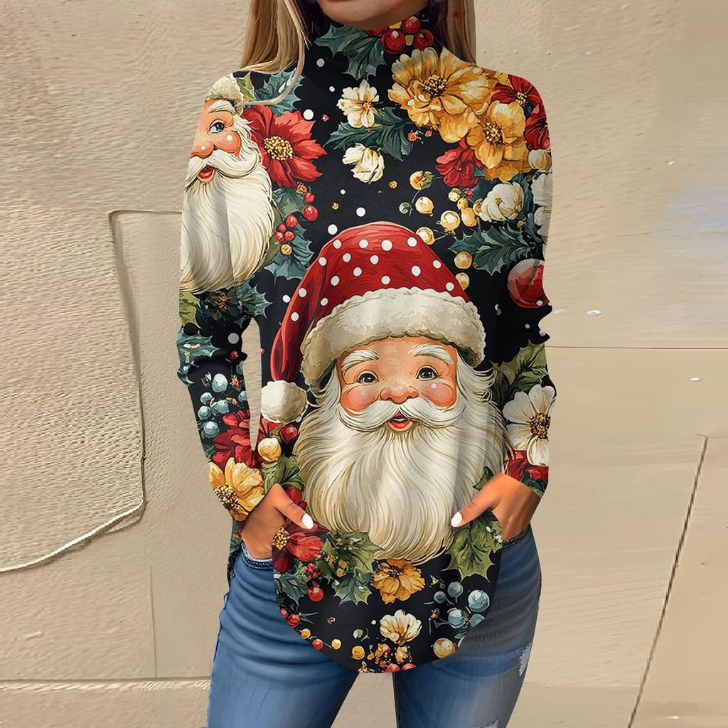 Женская модная повседневная футболка с длинным рукавом с высоким воротом и принтом, пуловер, топ