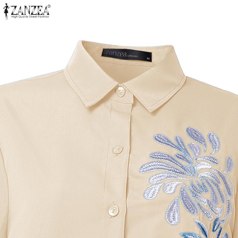 ZANZEA Женское повседневное платье-рубашка свободного кроя с рукавами 3/4 и отложным воротником, с вышивкой