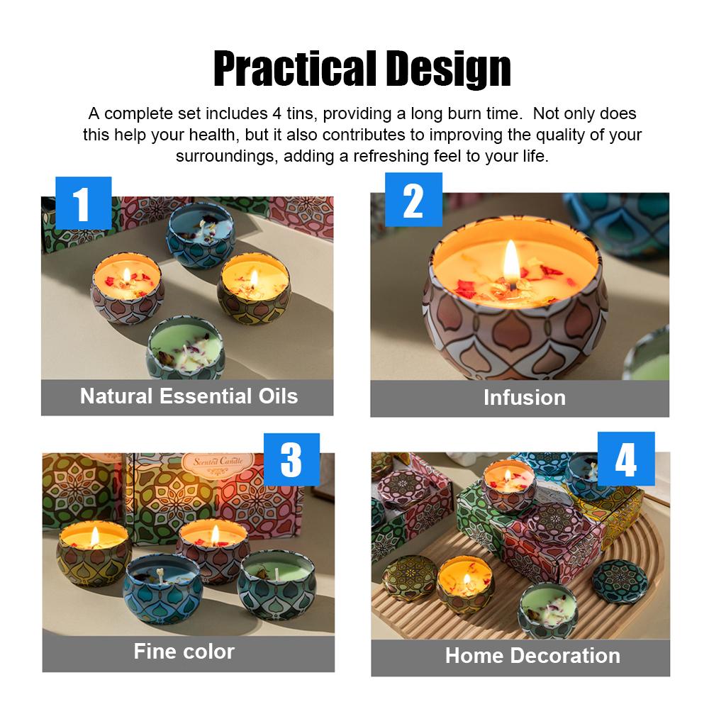 4Pcs Scented Candles Set, Soy Wax Candle In Metal Tin Aromatherapy Candles with Floral Scents Home