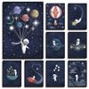 Cartoon Astronaut Space Themed Moon and Stars Poster Navy Blue Starry Night Wall Outer Space Canvas Painting Kids Nursery Decor