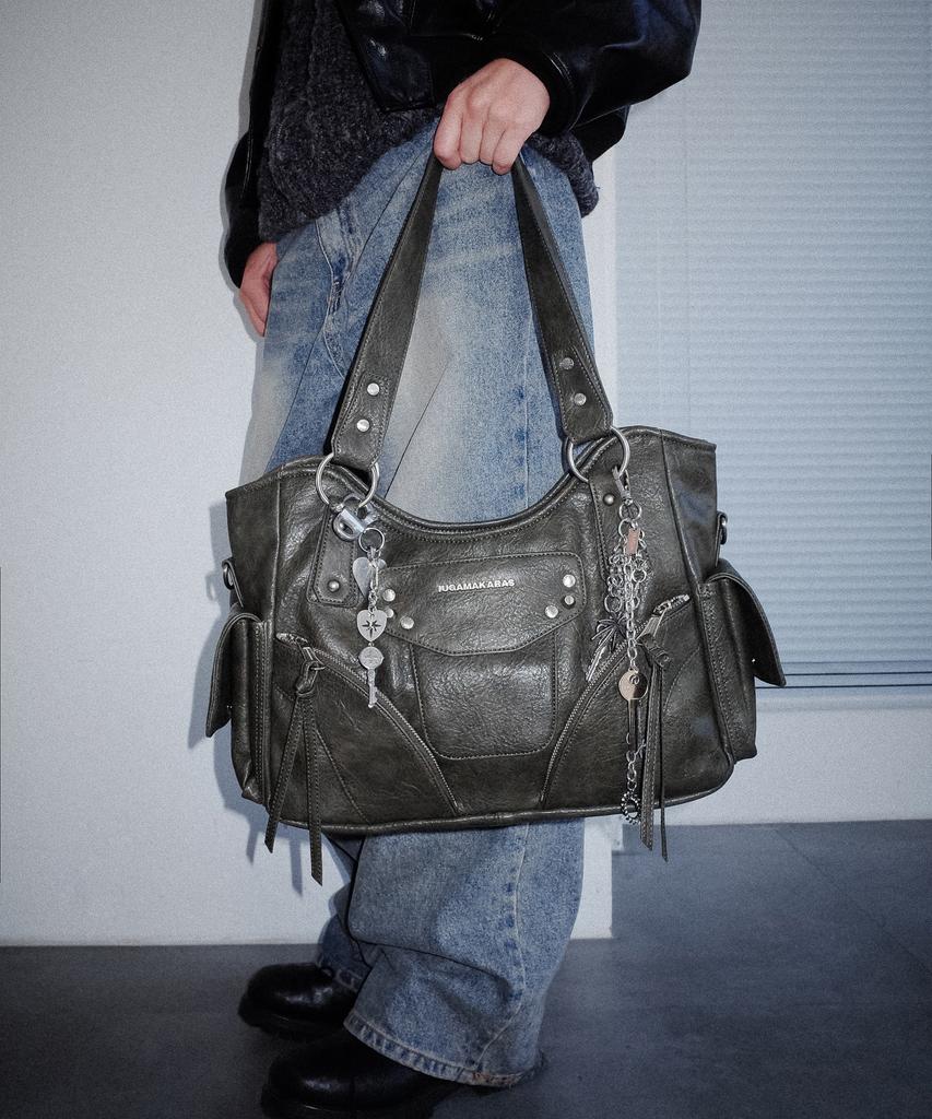 Iugamakaras Studded Leather Shoulder Bag (Khaki)
