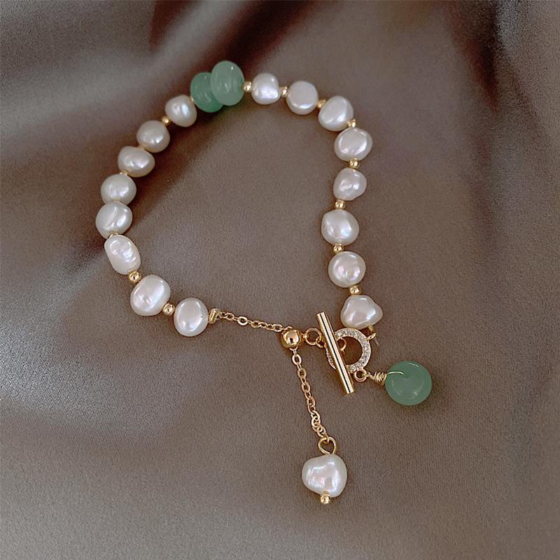 Promotion  For Women 14K Gold Filled Natural Freshwater Pearl & Jade Stone Ladies Charm Bracelet Gifts No Fade