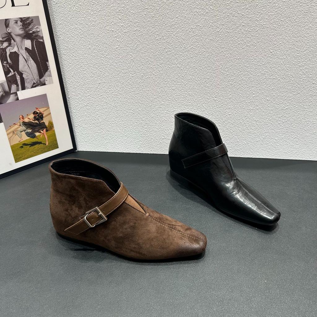 Soft leather version~ autumn and winter new square head belt buckle and ankle boots short boots women's fashion commuter height-increasing