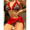 With Sarong Leopard Ruffled Frilled Bikini Female Swimsuit Women Swimwear Three-pieces Bikini Set Bather Bathing Suit Swim
