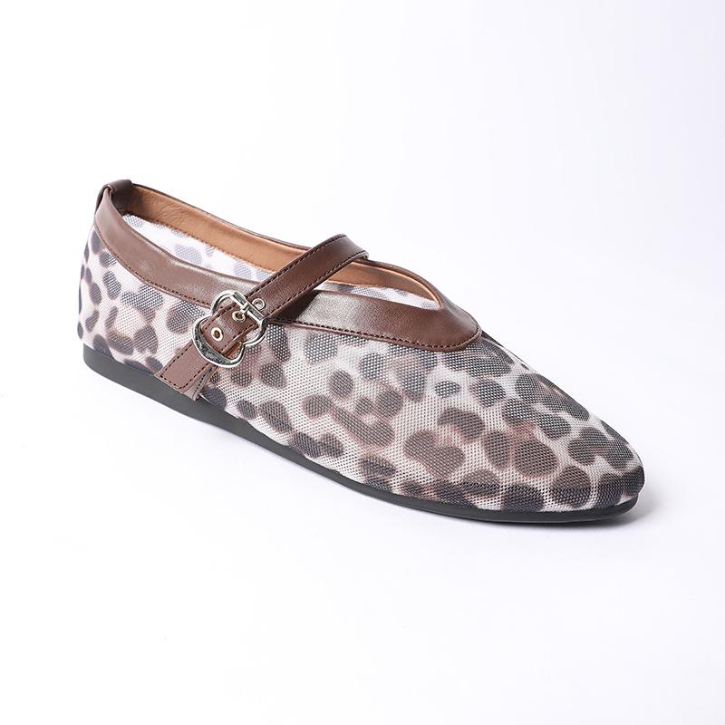 Сетчатые темпераментные туфли-лодочки женские модные универсальные с круглым носком на плоской подошве с леопардовым принтом удобные балетки женские