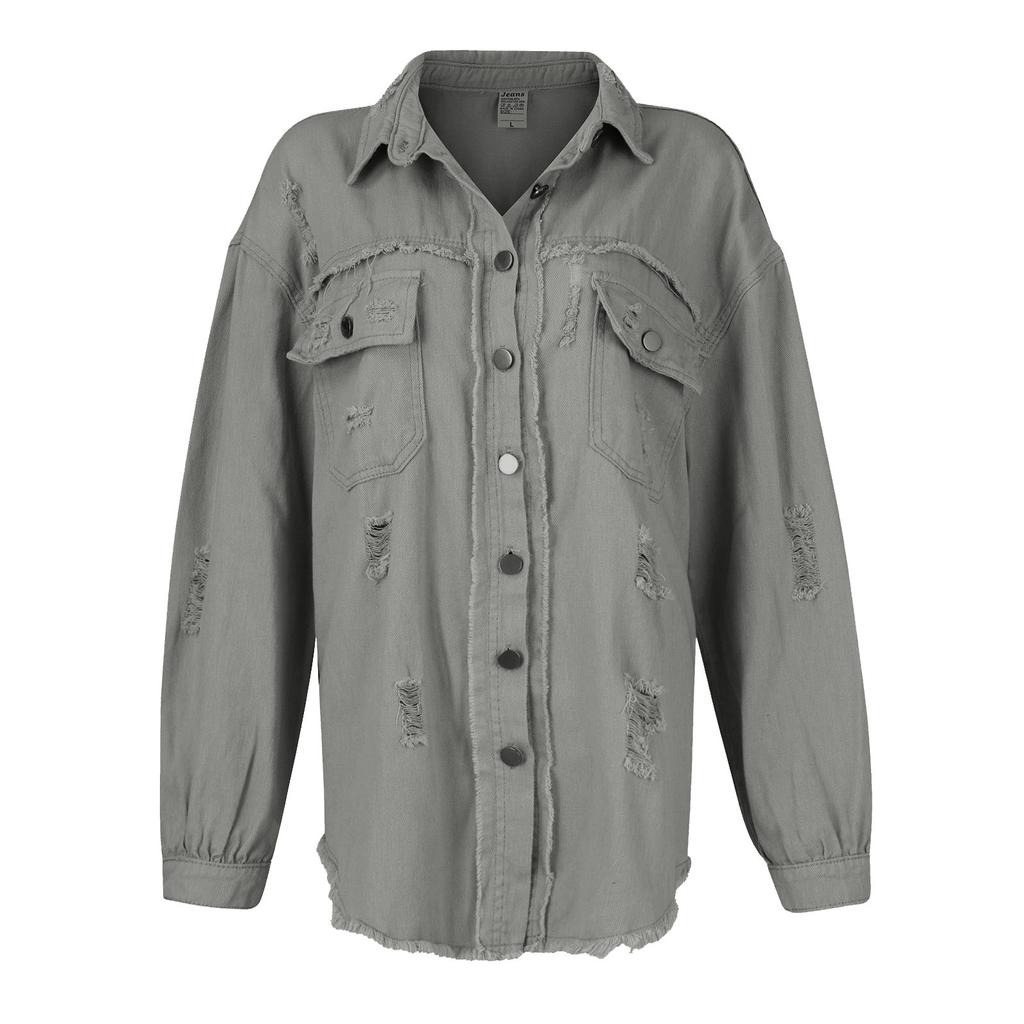 Женская джинсовая куртка, рубашки на пуговицах, потертое пальто с карманами