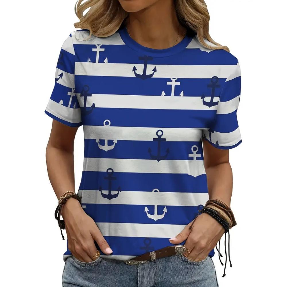 Fashion Boat Anchor Pattern Women's Clothing Summer Striped Patchwork Color Round Neck Short Sleeved Tops Loose Casual Oversize