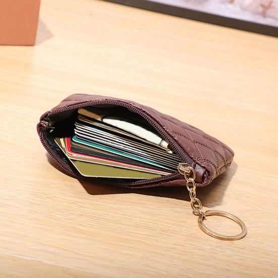 Women Wallet Portable Mini Faux Leather Smooth Zipper Key Ring Cards Holder