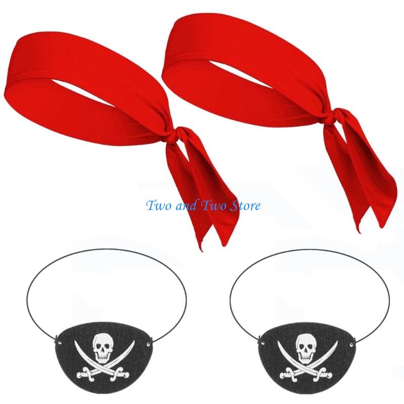 HX6F Halloween Pirate Costume Accessories Tie Headband Pirate Hat Pirate Eye Patches Golden Earrings for Kids Toddler