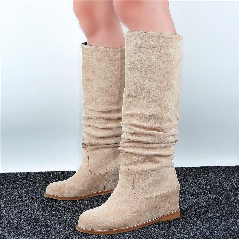 Suede Leather Women's High Boots Winter Shoes Pleated Hidden Heels Wedge Knee High Boots For Women Warm Fur Flats Boots Ladies