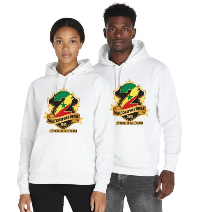 Sweat à Capuche homme foot inspiré Sénégal : Double Champion d'Afrique 2025 - - Blanc