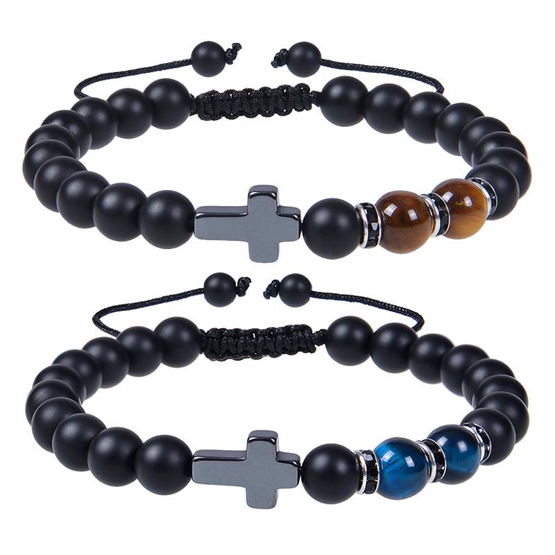 Эксклюзивный плетеный браслет из тигрового глаза 8 мм и черного матового камня - Праздничный подарок