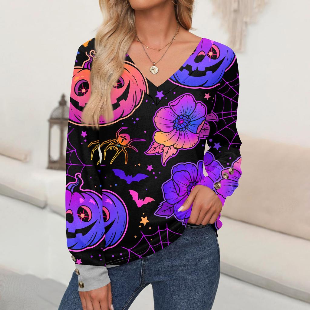 Женские топы с принтом на Хэллоуин, рубашка с длинным рукавом, V-образный вырез, повседневная свободная футболка, осенняя одежда