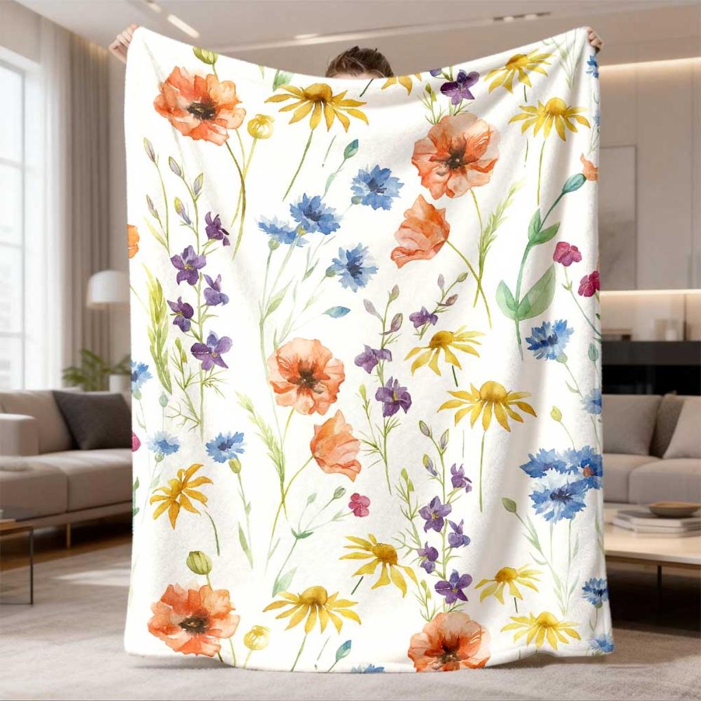 1pc Wildflower Throw Blanket | Soft and Warm, Featuring a Colorful Watercolor Design of Poppies, Cornflowers, and Daisies on a Comfortable 100% Polyes